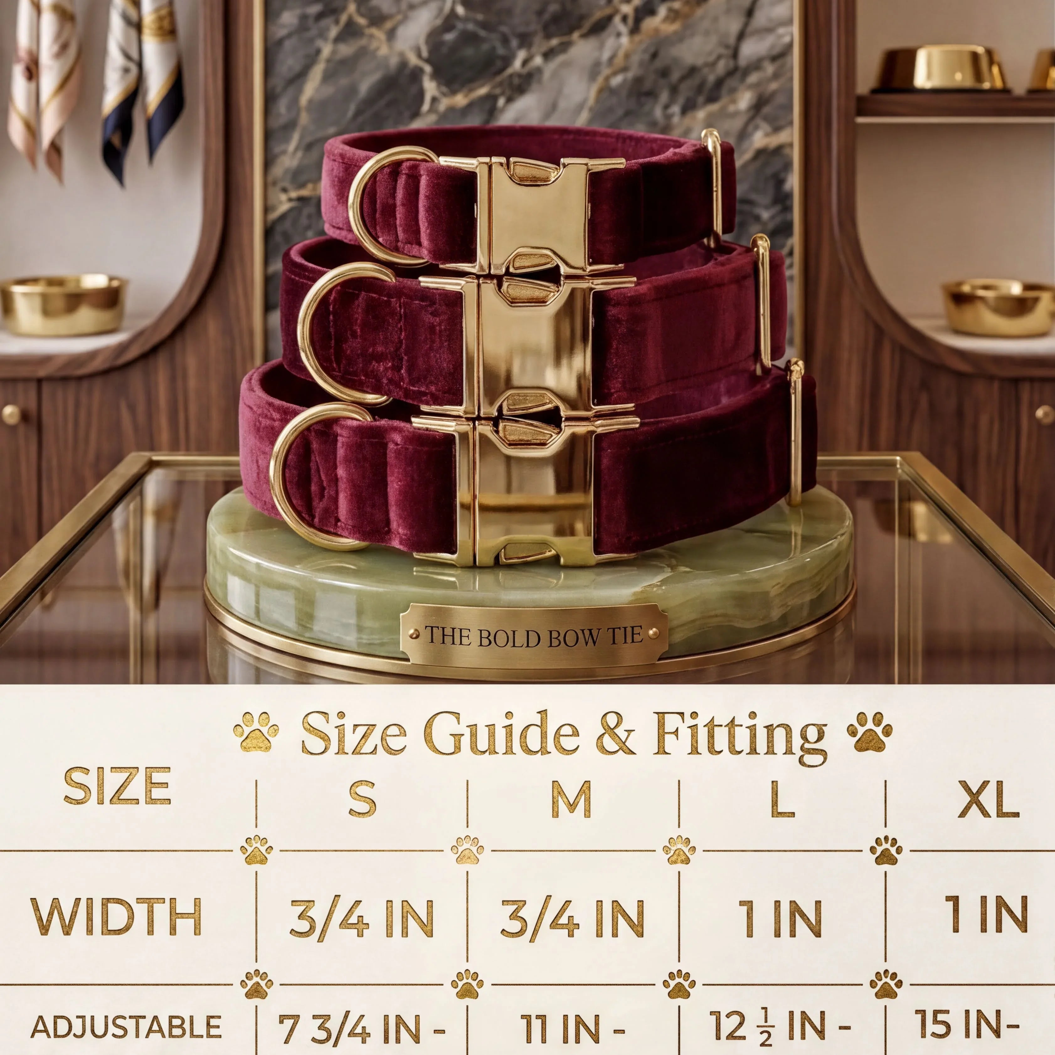 Velvet dog collars with gold buckle hardware arranged above a sizing chart. The chart details four sizes: Small has a width of 3/4 inch and an adjustable length of 7 3/4 to 11 3/4 inches. Medium has a width of 3/4 inch and an adjustable length of 11 to 18 3/4 inches. Large has a width of 1 inch and an adjustable length of 12 1/2 to 21 1/2 inches. Extra Large has a width of 1 inch and an adjustable length of 15 to 23 1/2 inches