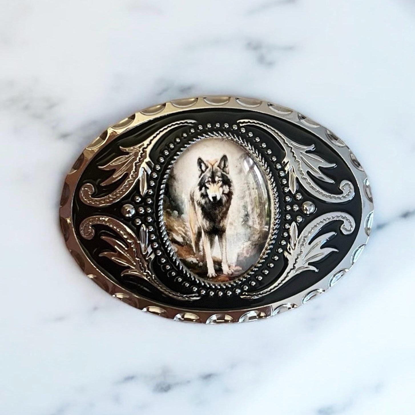 Gray wolf Belt Buckle Cowboy Accessory Western on marble counter top