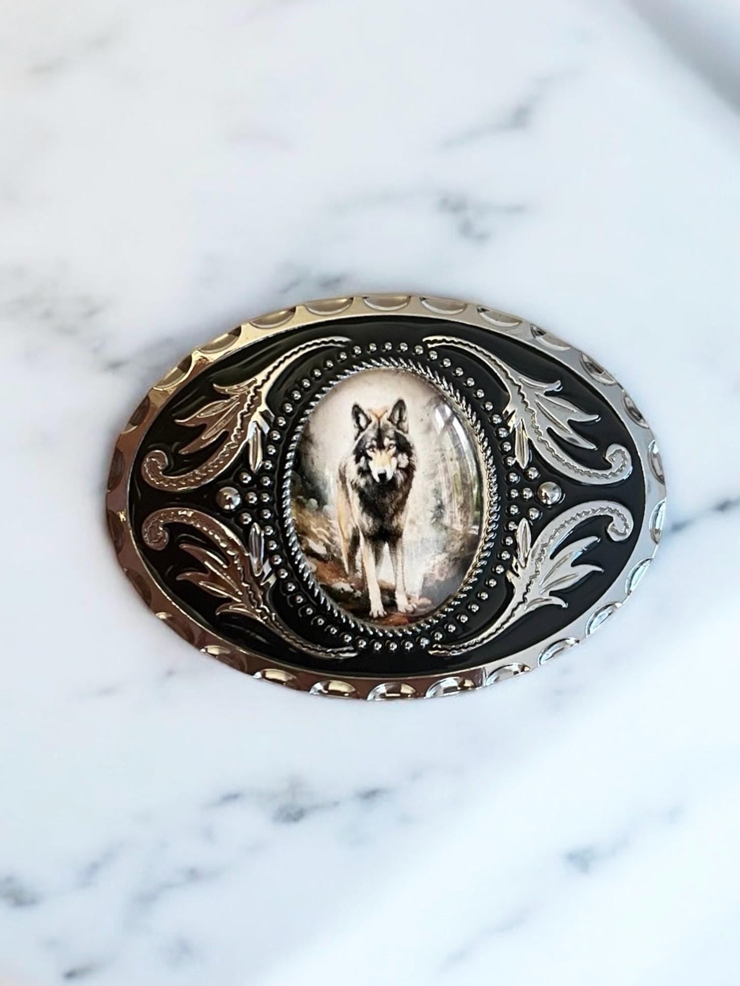 Gray wolf Belt Buckle Cowboy Accessory Western on marble counter top