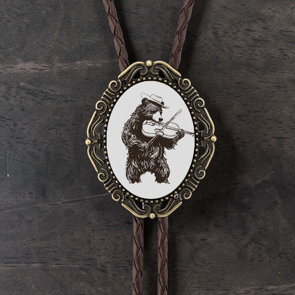Bear Playing Violin Bolo Tie Genuine Leather Black Brown Silver Brass Tips Groomsmen