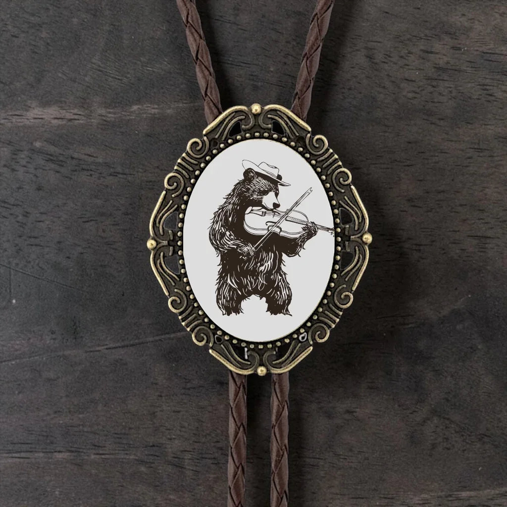 Bear Fiddle Player Bolo Tie Genuine Leather Black Brown Silver Brass Tips Western Wedding Accessory