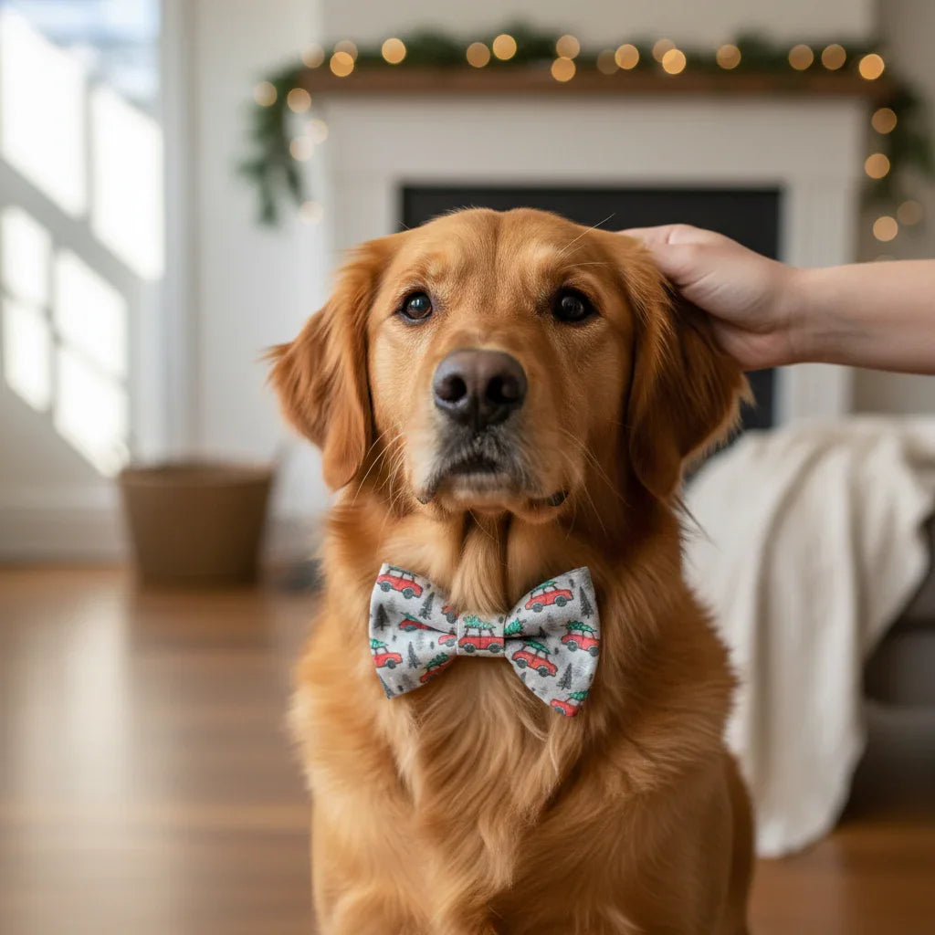 Dog bow tie with Christmas cars worn by a dog in a living room.