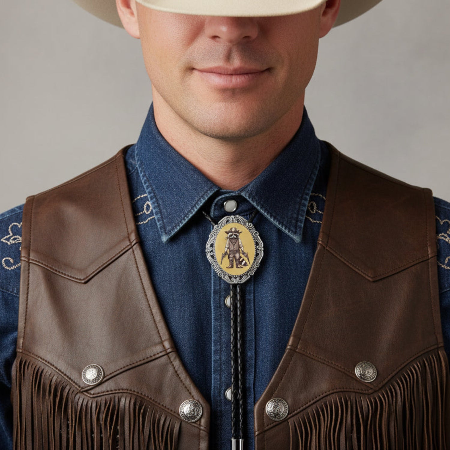 Man wearing a raccoon gun bolo tie and brown leather vest with fringe and a blue shirt against a gray background