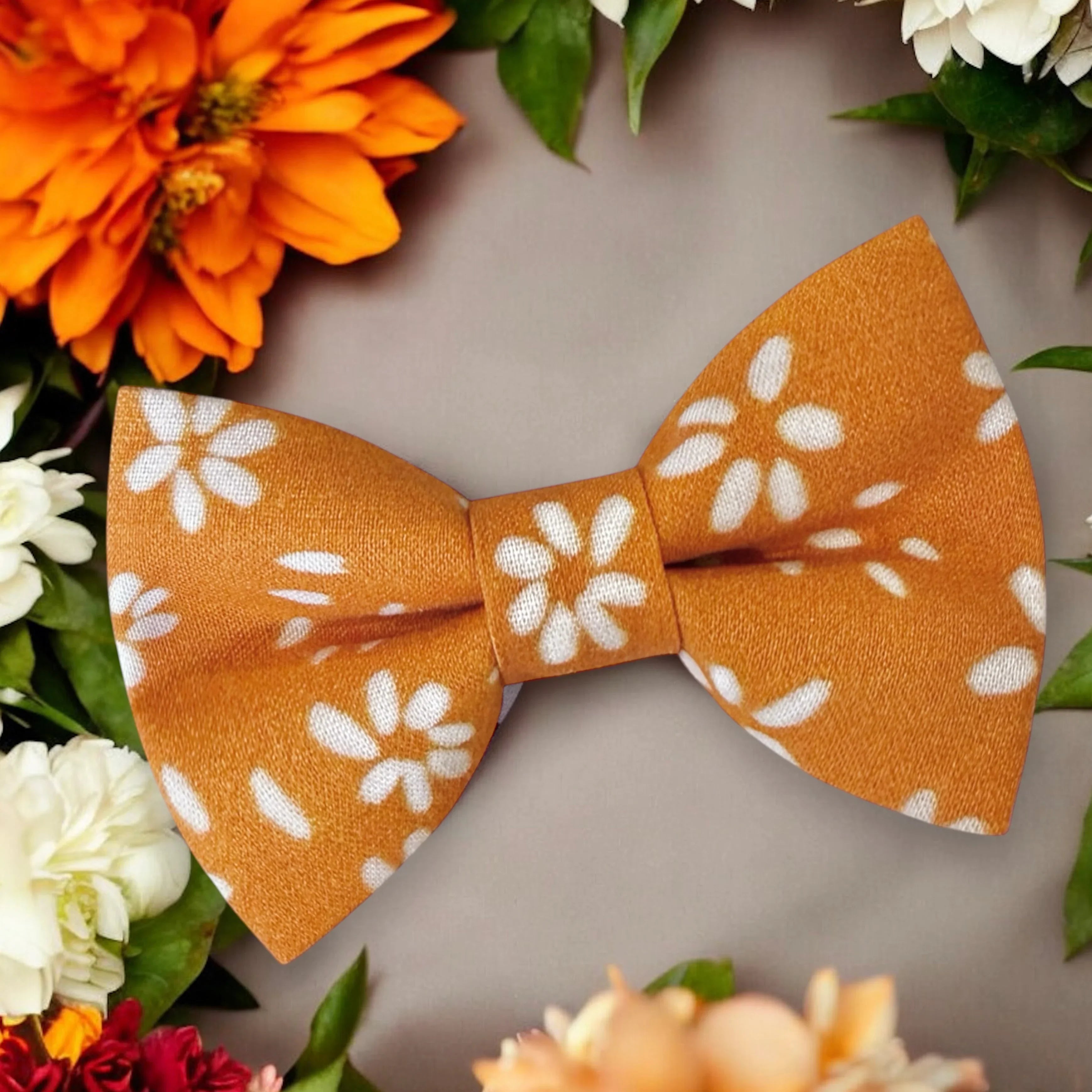 Orange floral boho bow tie for men, toddlers and kids handmade in the USA and pre-tied, for wedding, groomsmen and ring bearer.