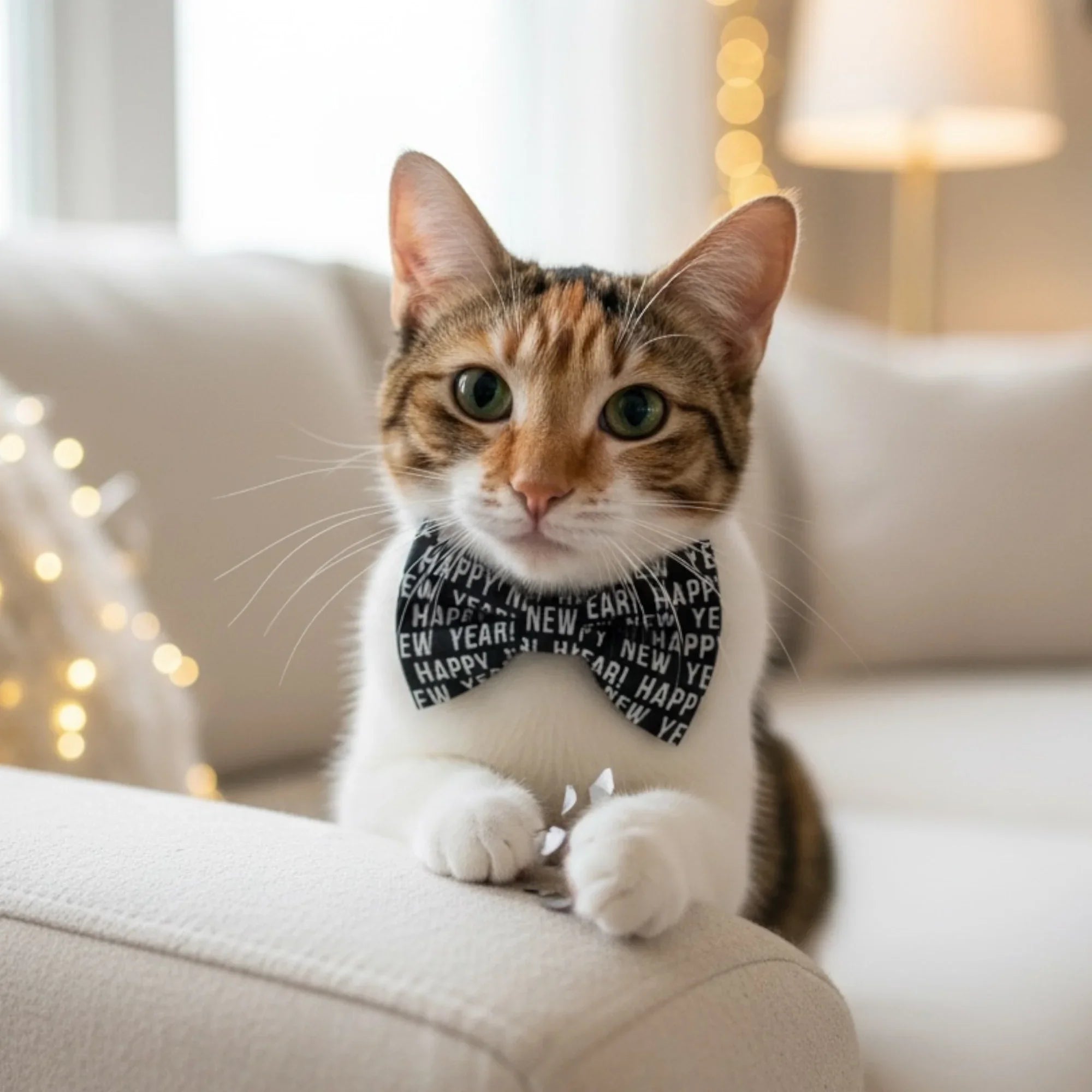 Cat wearing a 'Happy New Year' Cat Bow Tie sitting on a couch with a blurred background