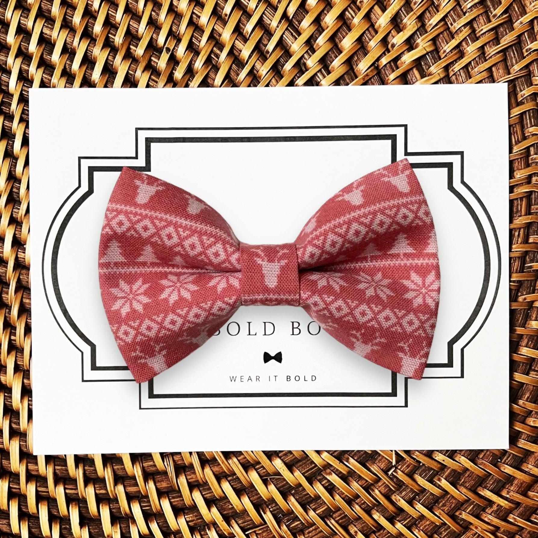 Dog bow tie size chart. Size Small is 3 1/2 inches wide for small dogs under 15 lbs. Size Medium is 4 inches wide for medium dogs between 15 band 40 lbs. Size Large is 4 1/2 inches wide for Large Dogs between 40 band 80 lbs. Size Extra Large is 5 1/2 inches wide for Extra Large Dogs over 80 lbs. Sizing is up to preference and pet bow ties slide on to dog collars with elastic.