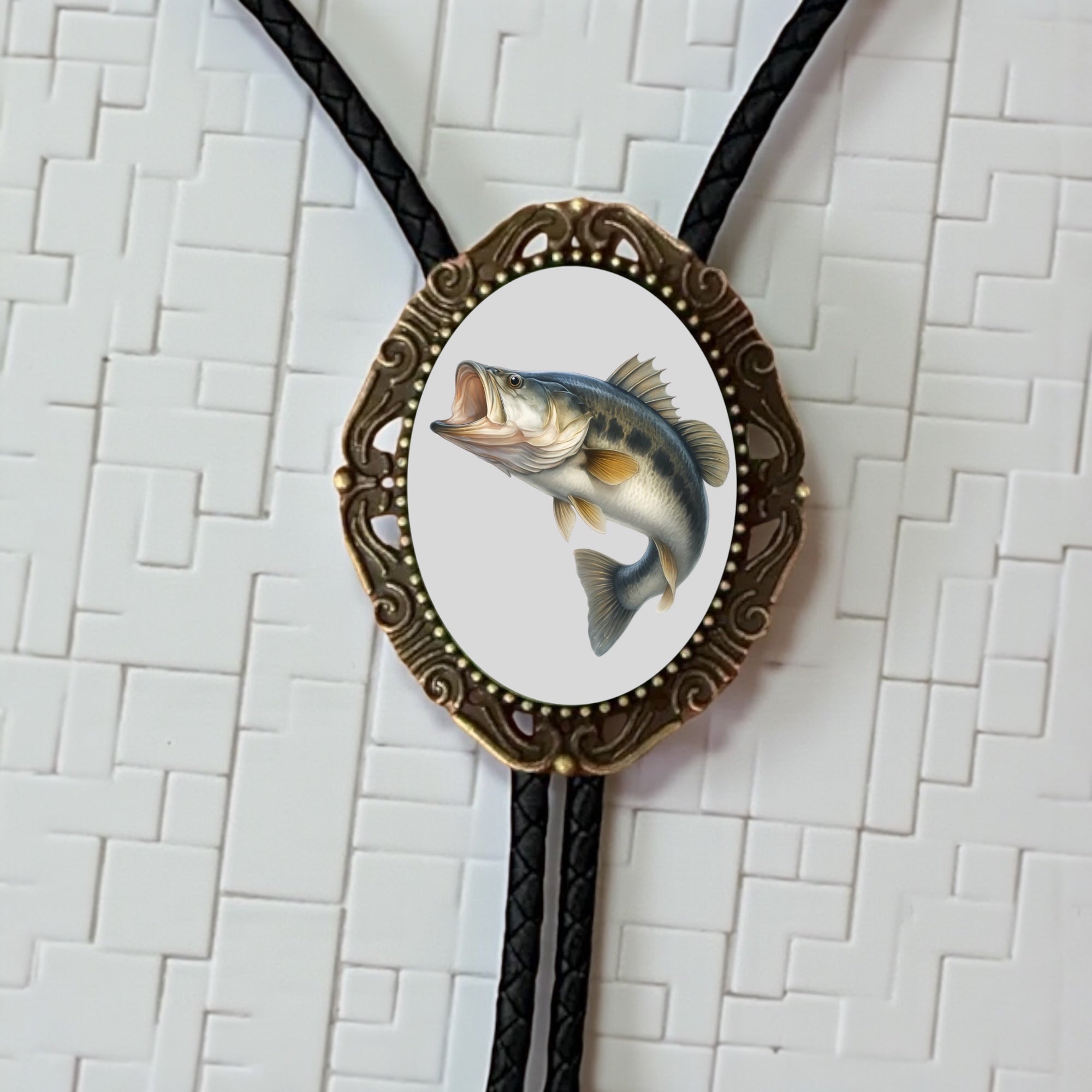 Vintage western style largemouth bass bolo tie for men’s formal neckwear.