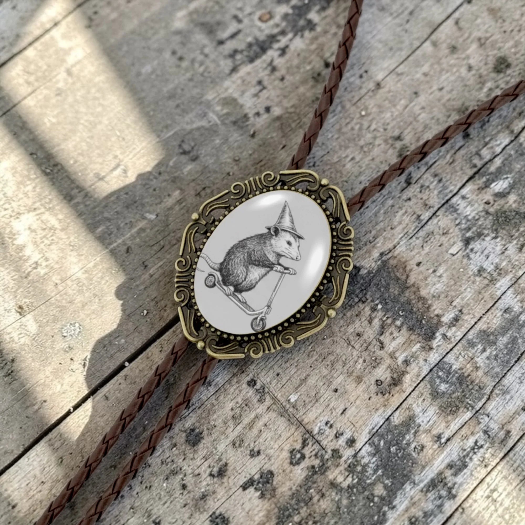 Funny Opossum Bolo Tie Genuine Leather Black Brown Silver Brass Tips Groomsmen Gift