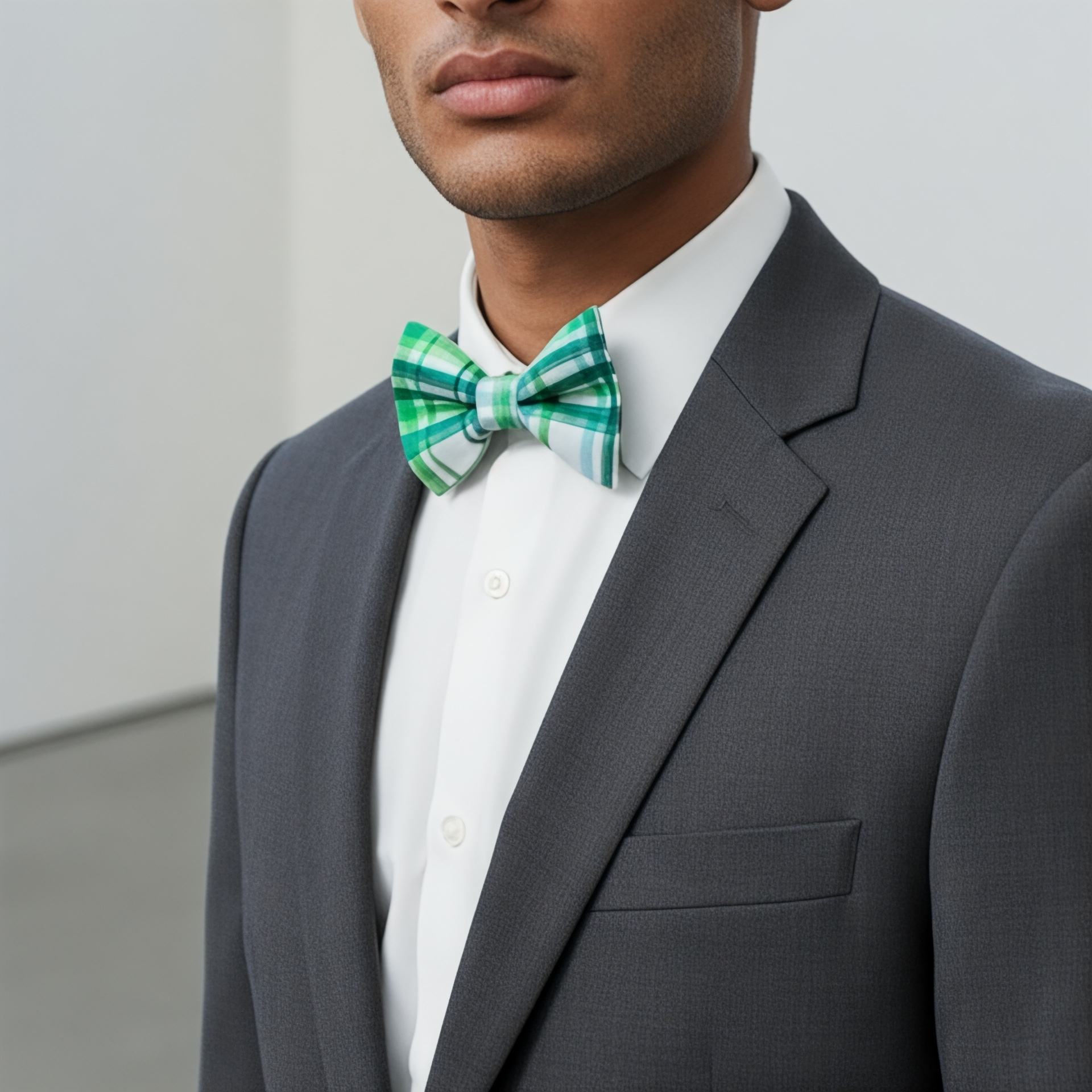 Man wearing a gray suit plaid green bow tie for St.Patrick’s Day