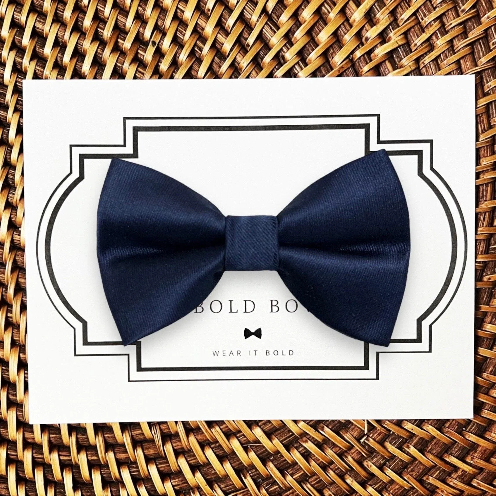 Navy blue dog bow tie in satin for wedding dog collar accessory.