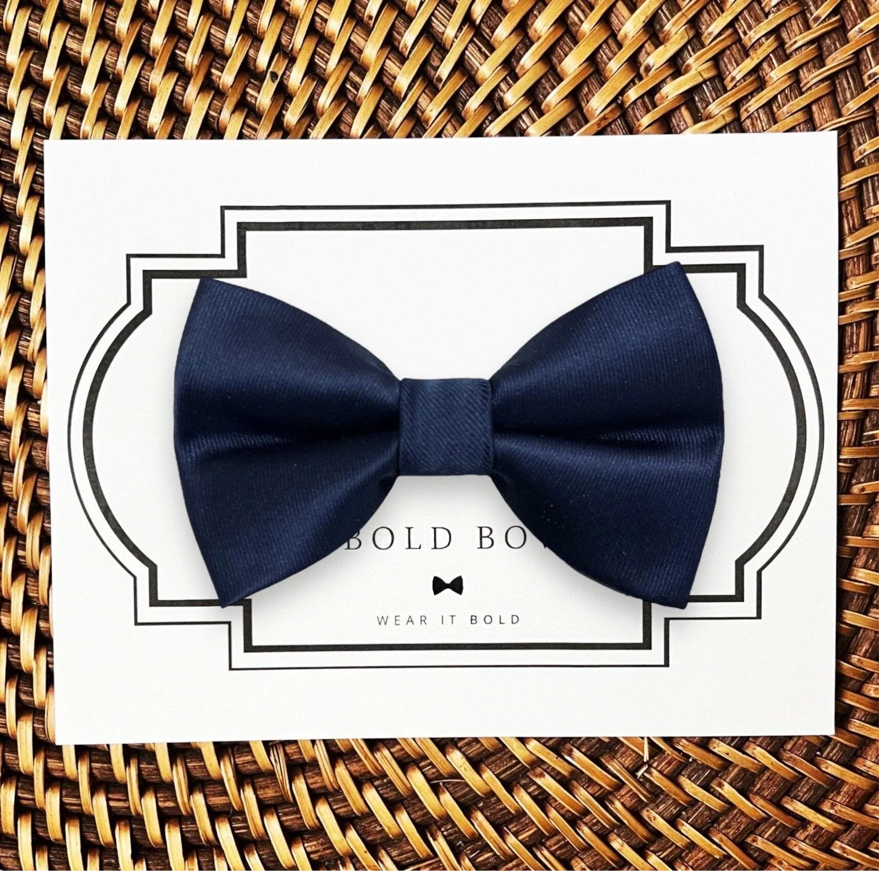 Navy blue dog bow tie in satin for wedding dog collar accessory.