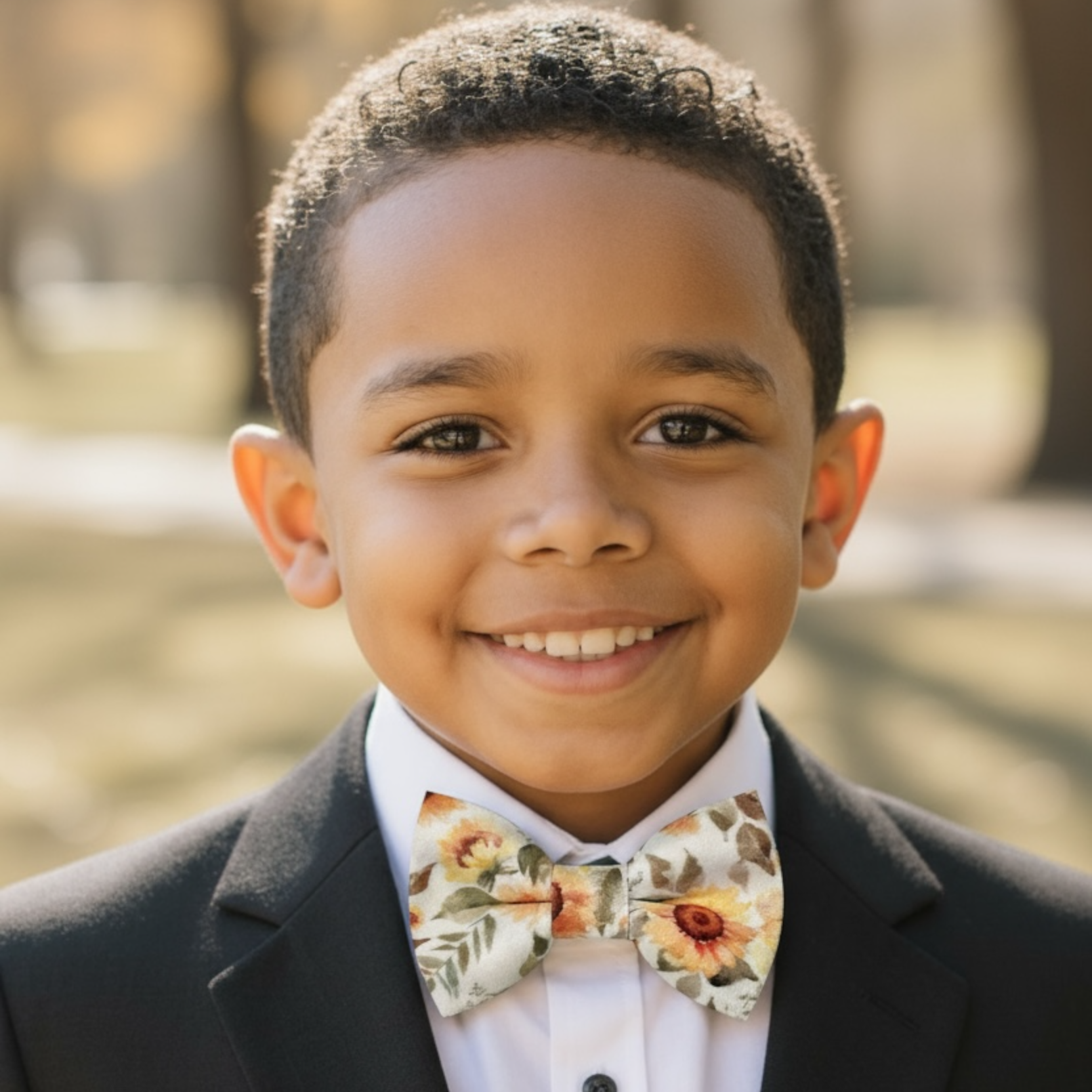 Ring bearer in a sunflower bow tie and black suit