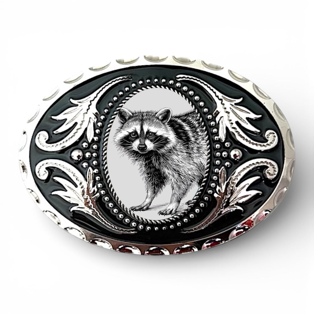 Belt buckle with raccoon design and ornate border on a white background