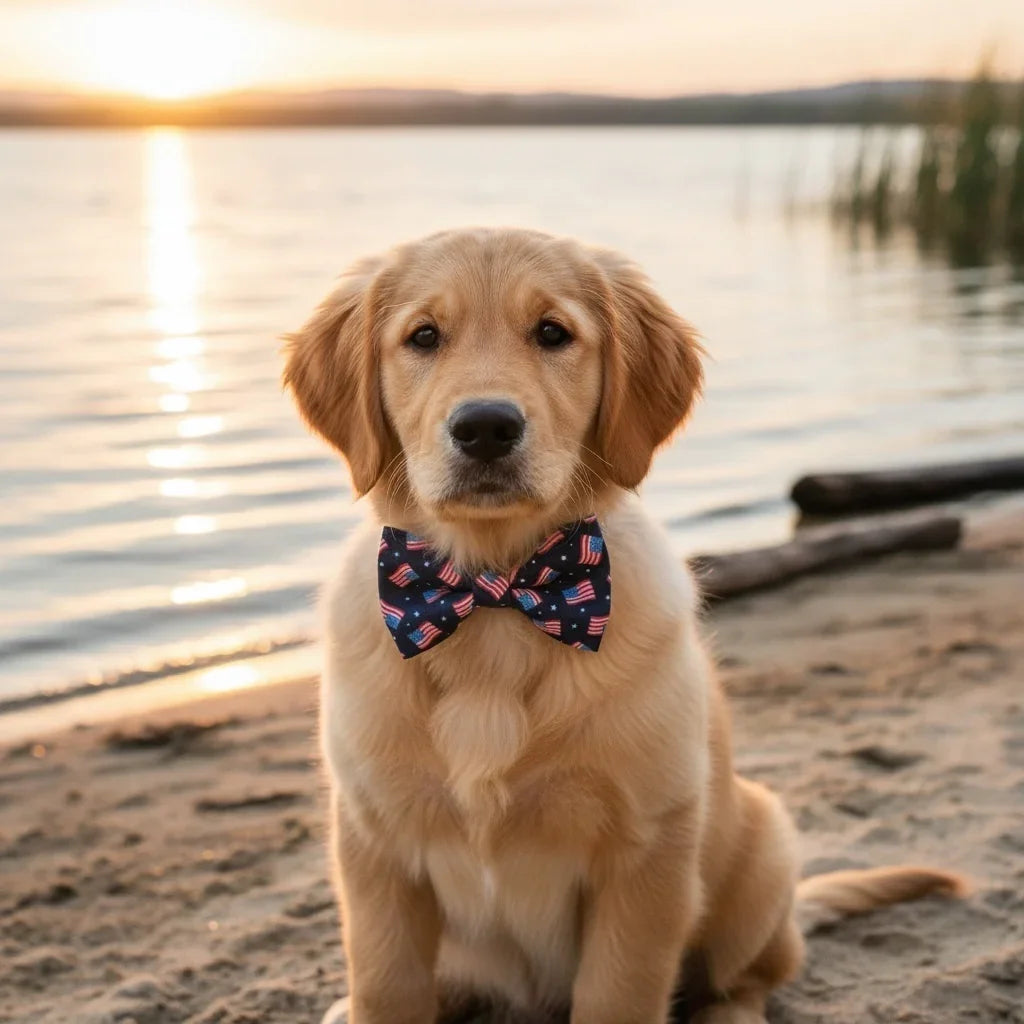 Dog wearing an American Flag dog bow tie sitting on a beach with sunset in the background