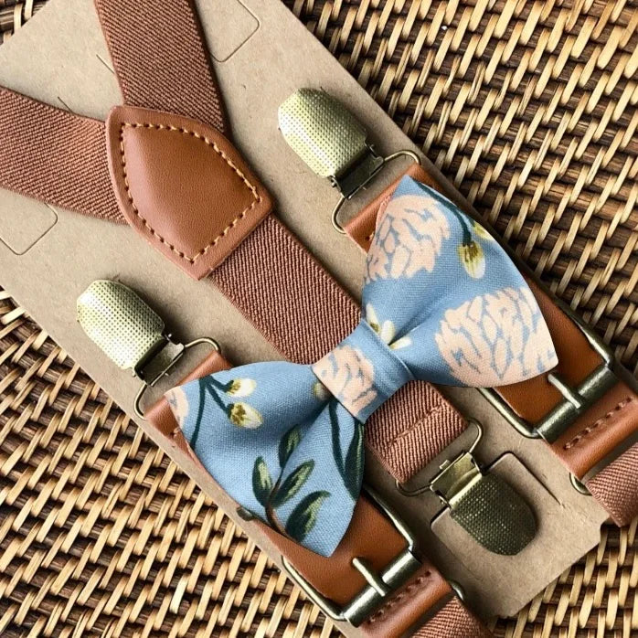 Dusty blue hydrangea bow tie with brown suspenders