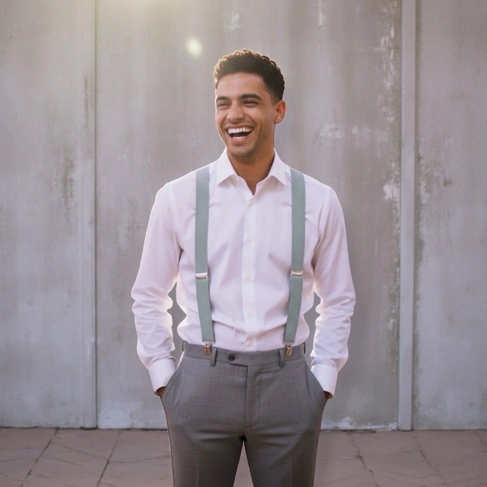 Sage green suspenders for men.