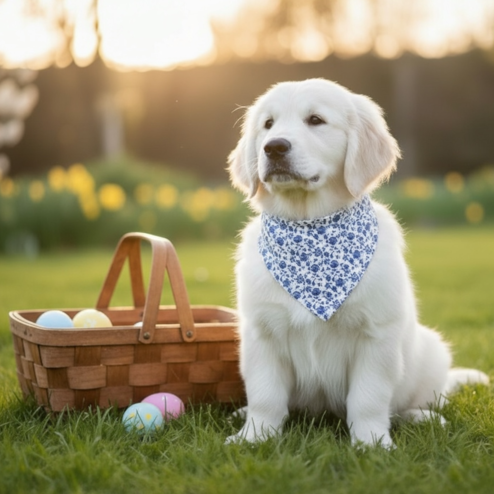 White dog with a blue floral Easter dog bandana sitting next to a picnic basket and Easter eggs in a grassy field.