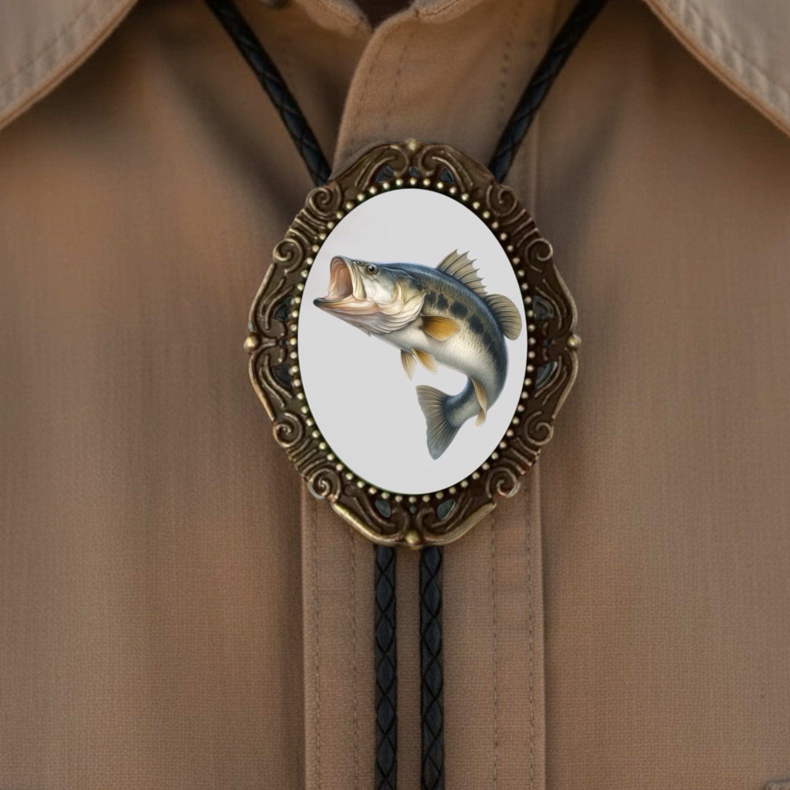 Handmade in the USA, a detailed fishing themed bolo tie featuring a jumping trout design.