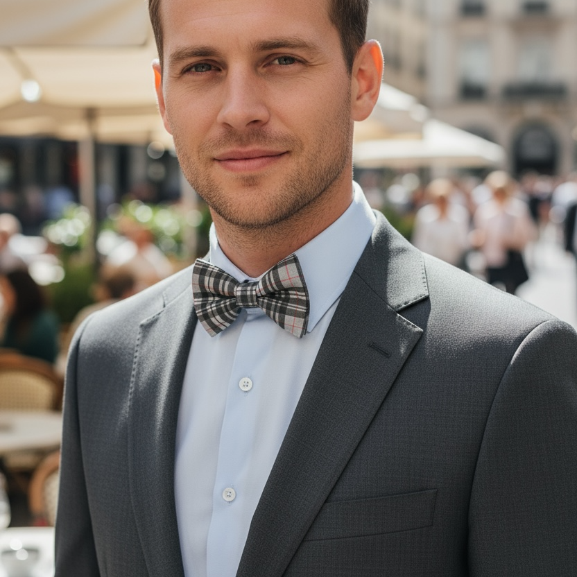 Gray Plaid Bow Tie Being worn at a wedding by a groomsman