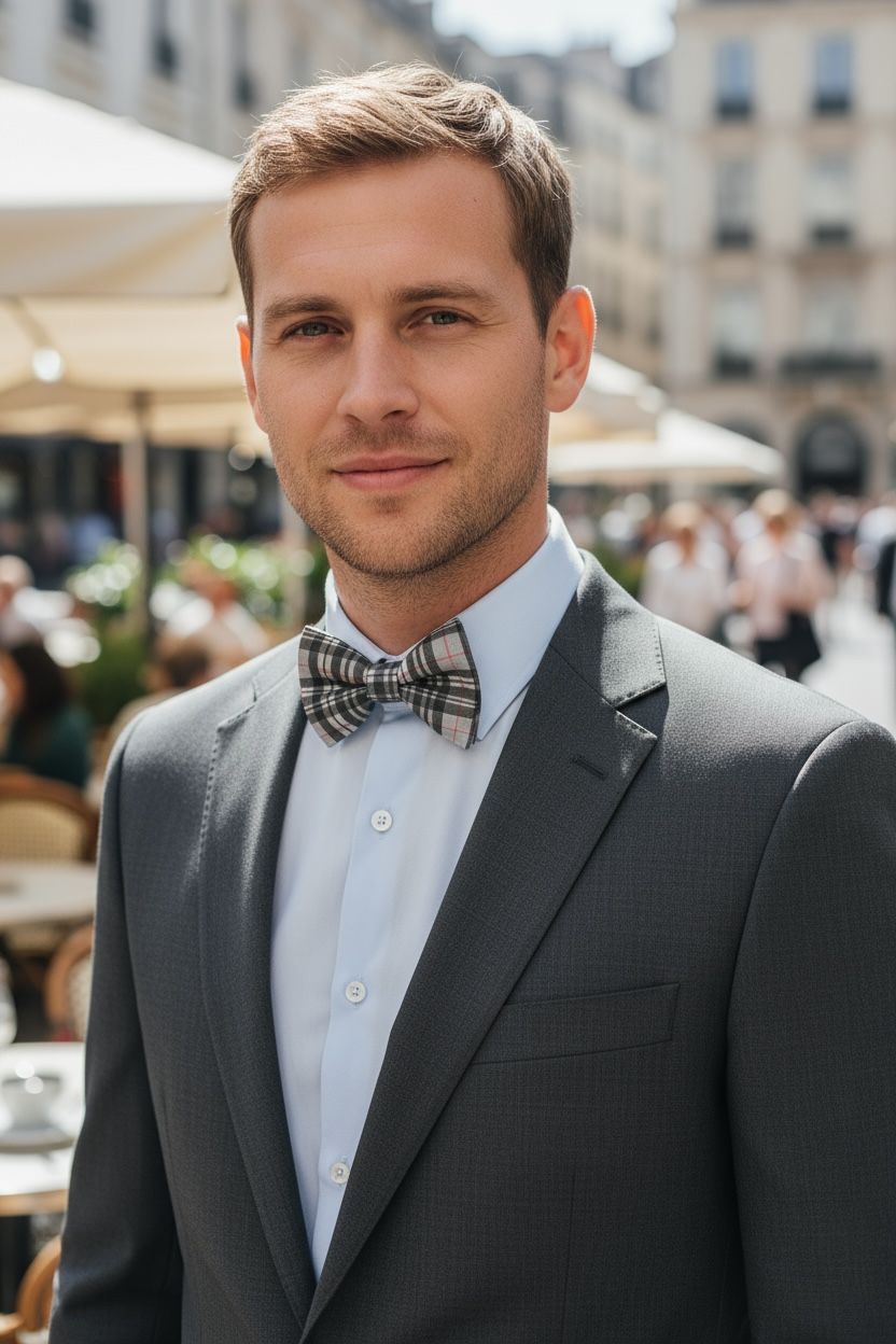 Gray Plaid Bow Tie Being worn at a wedding by a groomsman