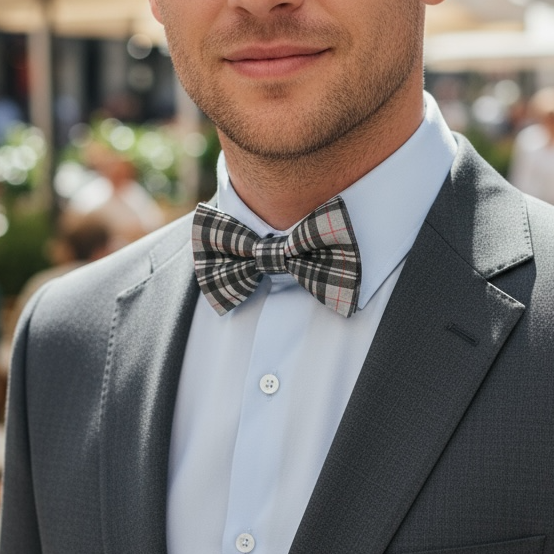 Groomsman in a gray plaid bow tie for men in a wedding or holidays.
