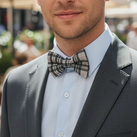 Groomsman in a gray plaid bow tie for men in a wedding or holidays.