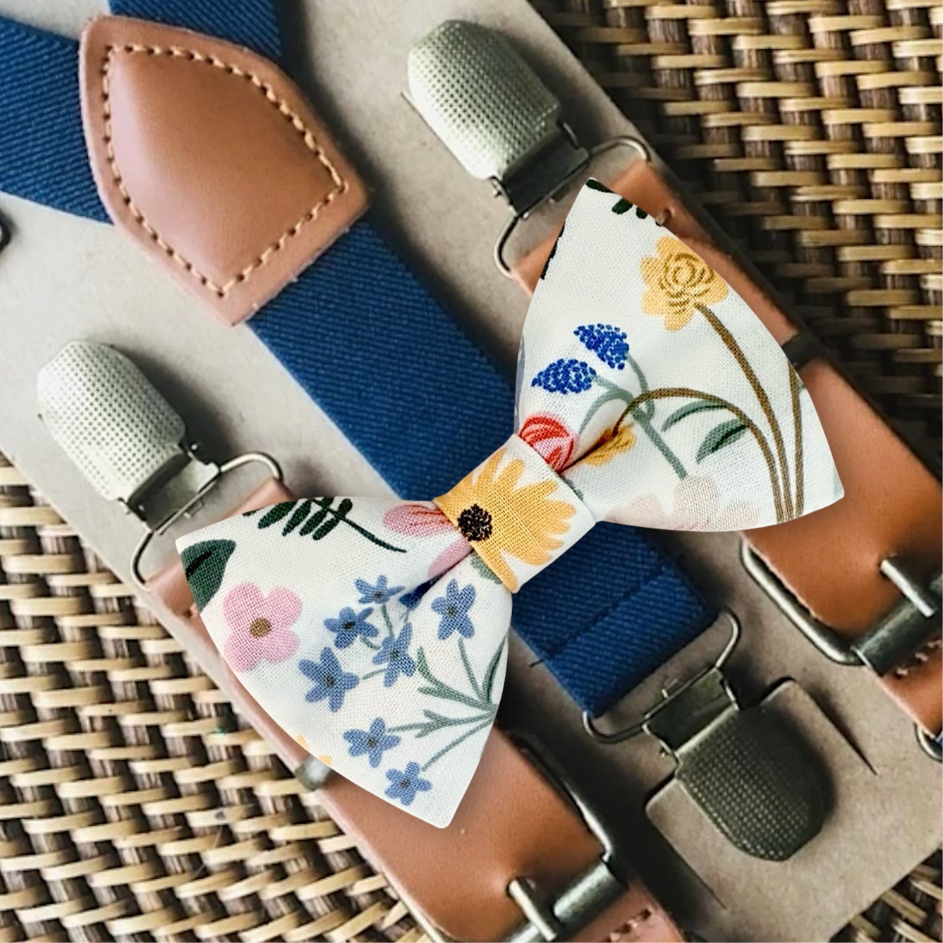 Garden Floral Bow Tie & Navy Suspenders Set for wedding, ring bearers and groomsmen.