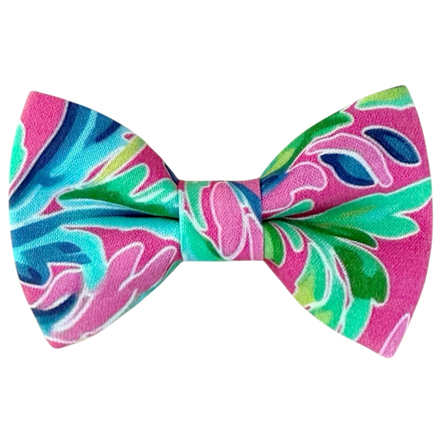 Pink bow tie with pink, green, and blue pattern on a white background