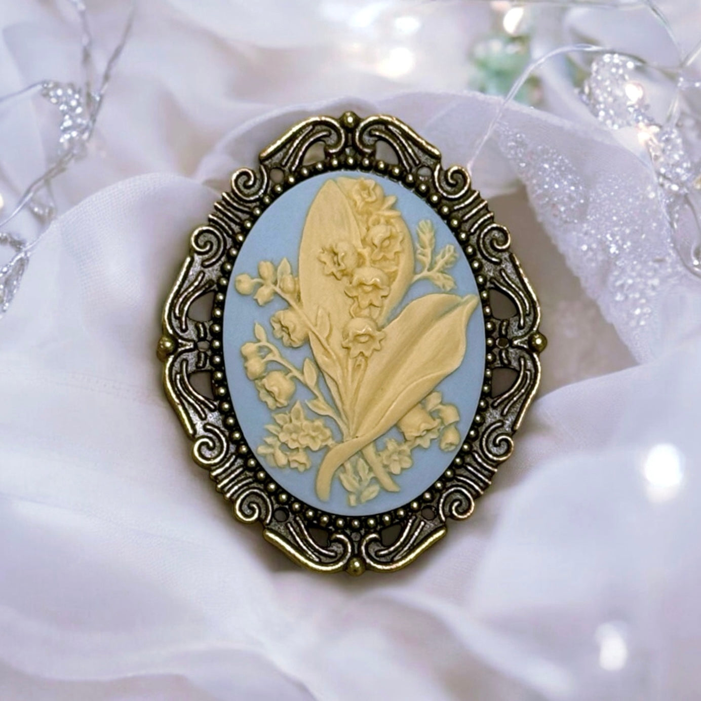 Lily of the Valley Brooch, Light Blue May Flower Cameo Brooch