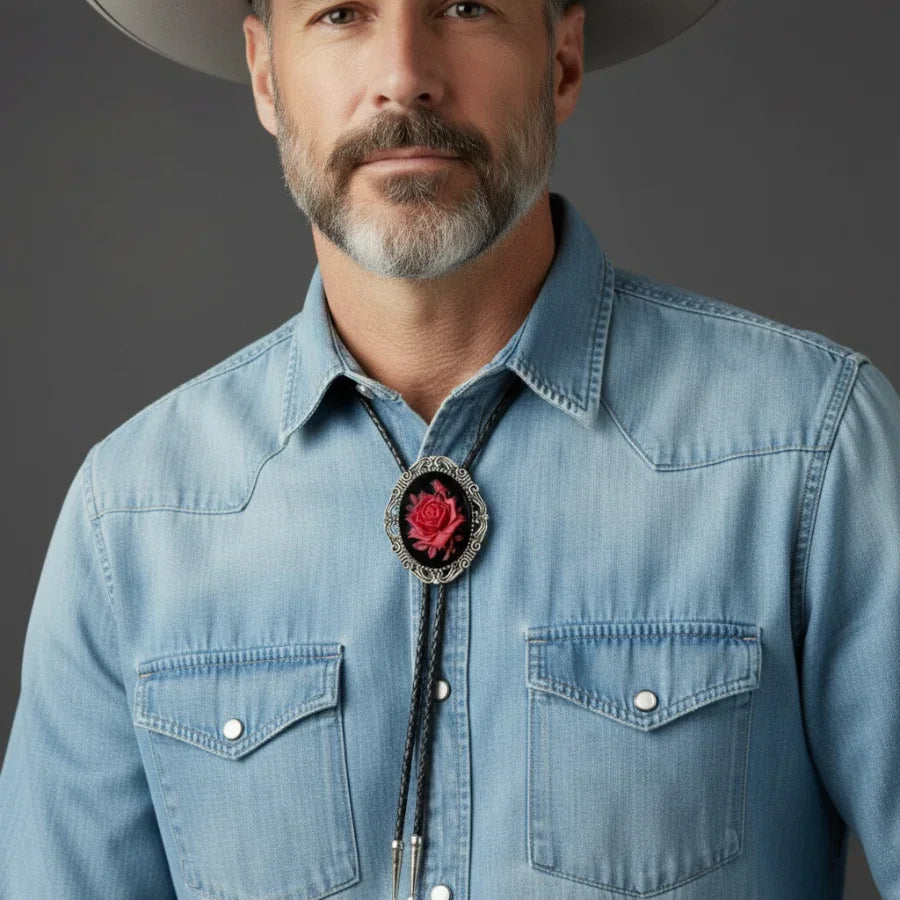 Floral bolo tie for men worn by a western cowboy.