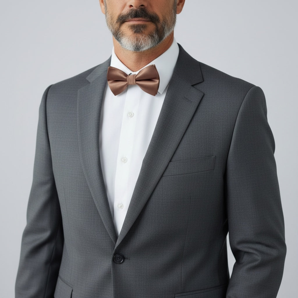 Groomsman wearing a taupe bowtie for men.