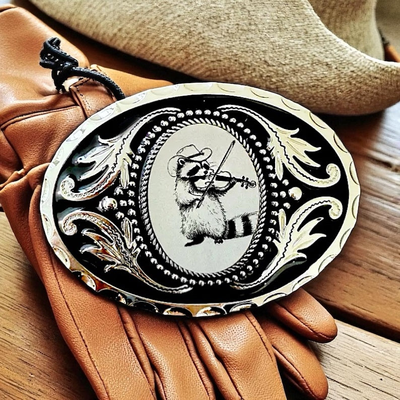 Raccoon Belt Buckle with Violin, Western Accessory