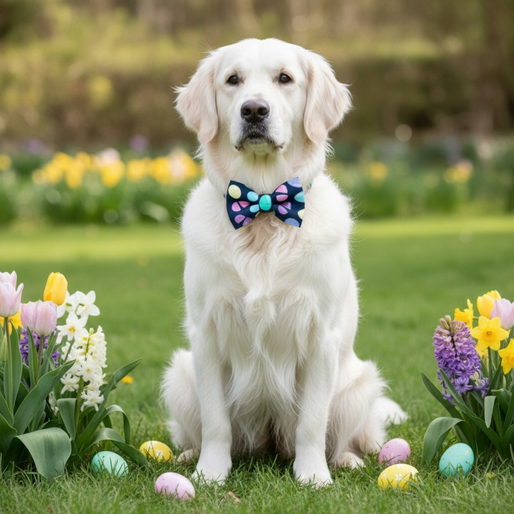 White retriever in an Easter dog bow tie.