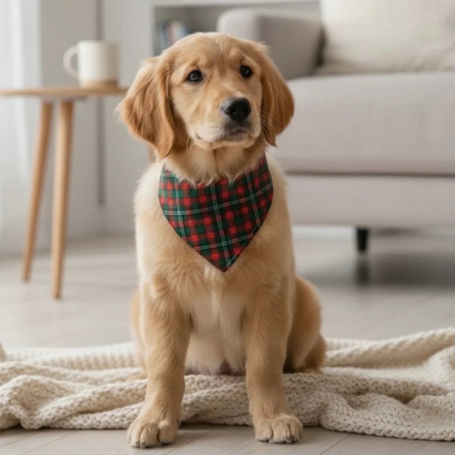 Red and green dog bandana worn by a puppy.