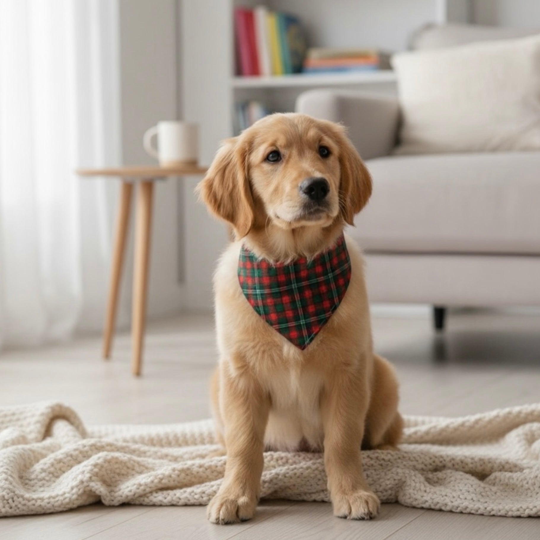 Red & Green Christmas Dog Bandana- Plaid Tartan Worn by a golden retriever in a living room.