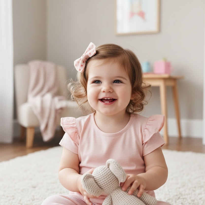 Toddler in a pink dress and pink hair bow with hearts holding a teddy bear in a room with a bookshelf and toys.