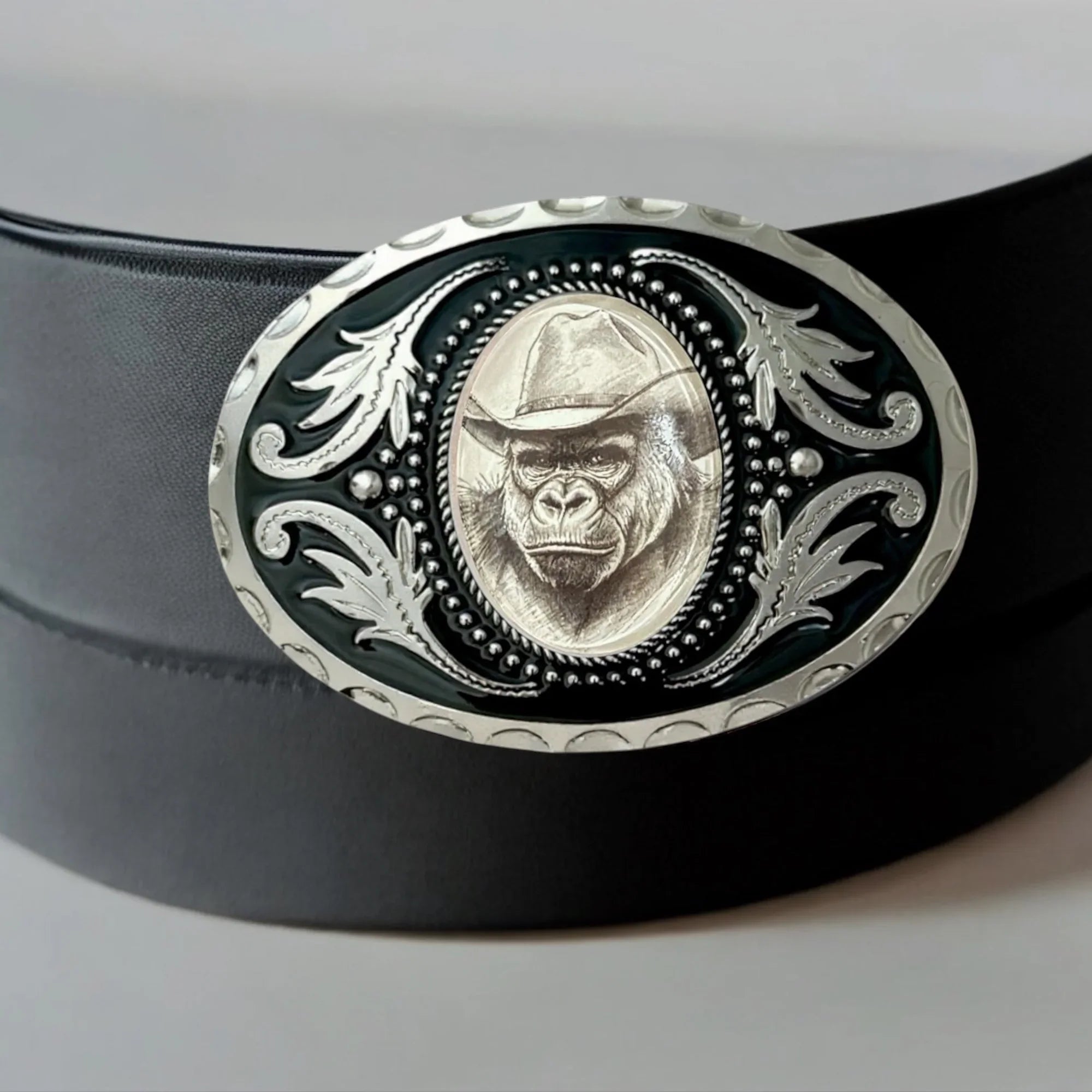 Gorilla Belt Buckle on a black leather belt