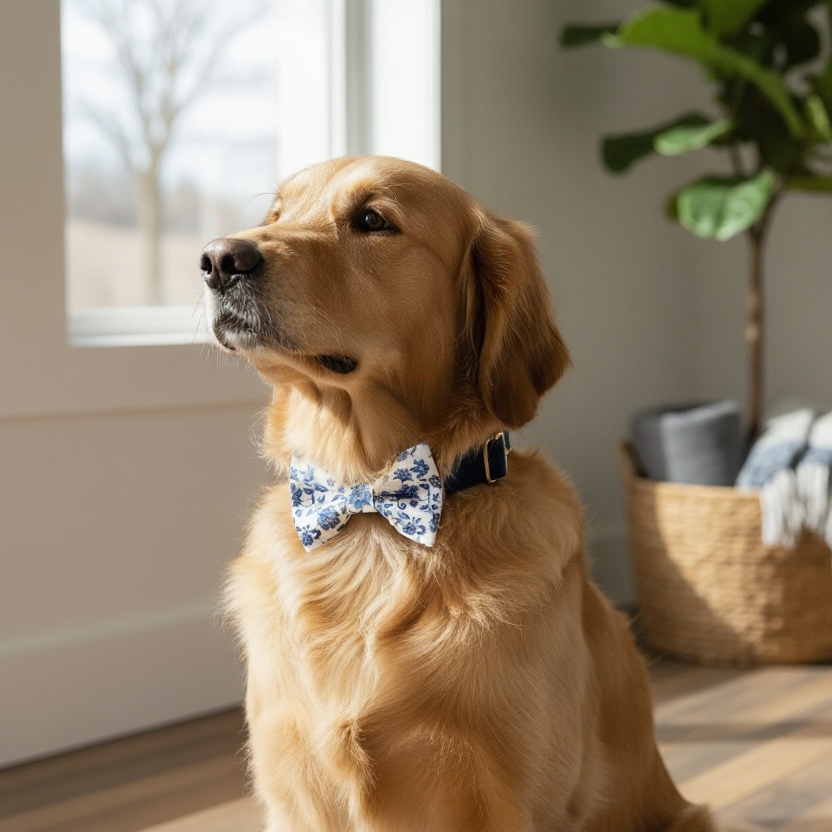 French Blue Floral Dog Bow Tie Collar