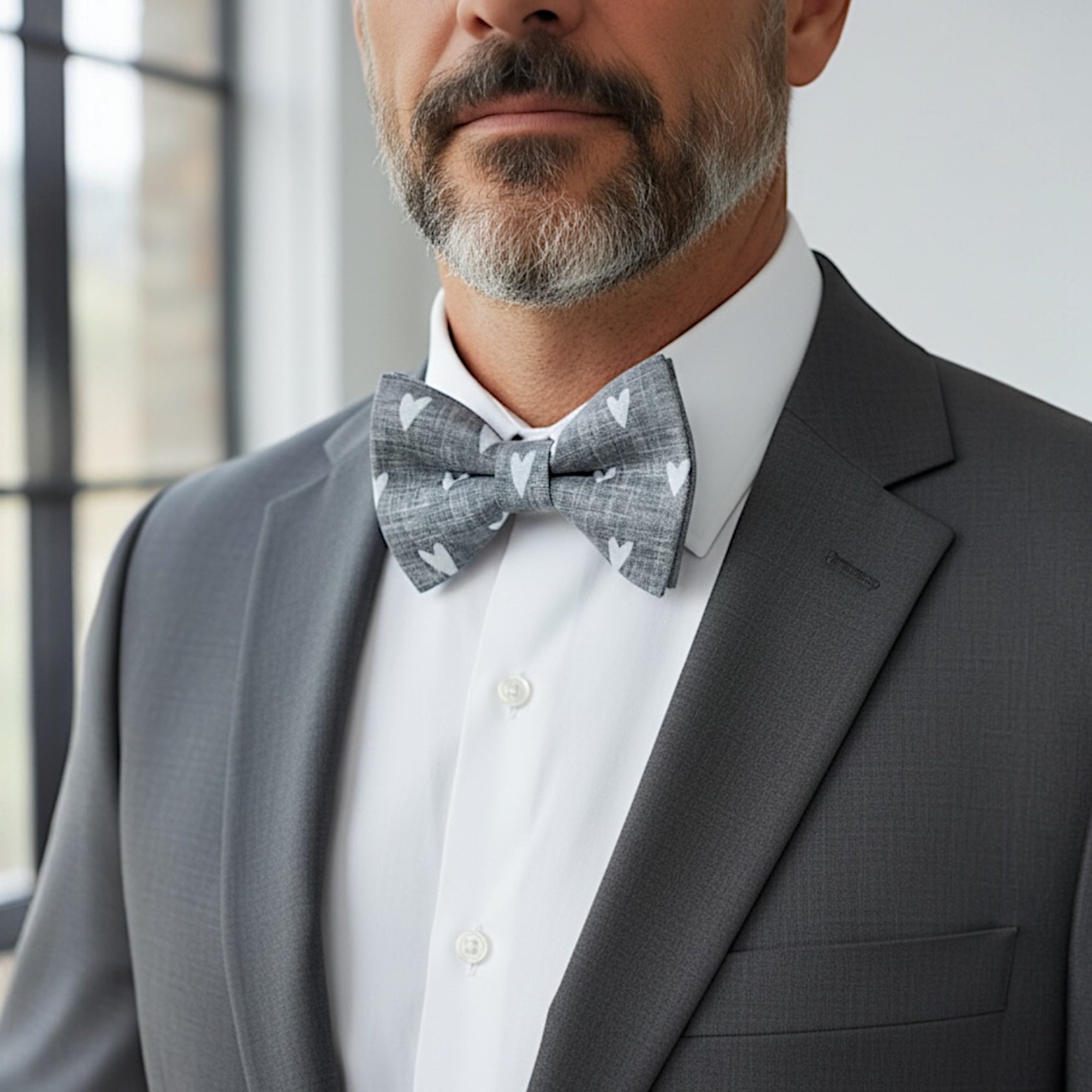 Man wearing a gray suit with a gray heart bow tie.