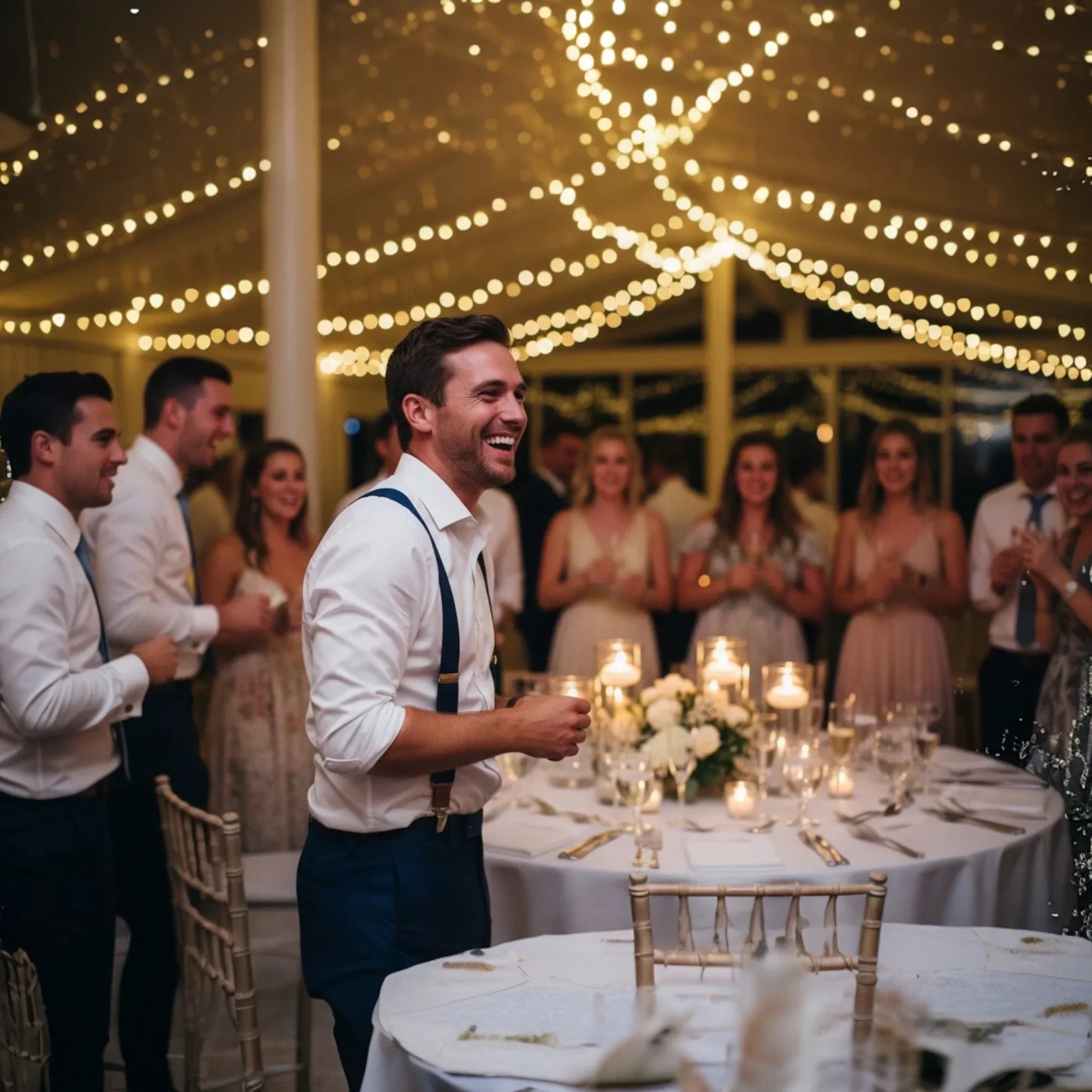 Navy suspenders on a groomsman in a wedding.