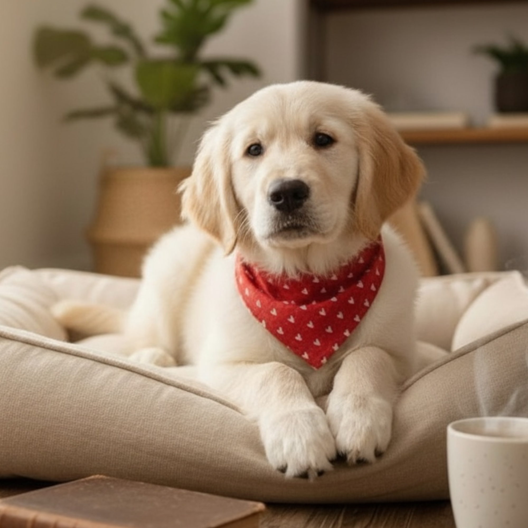 Puppy wearing a red Valentines Day dog bandana sitting on a cushion in a cozy room.