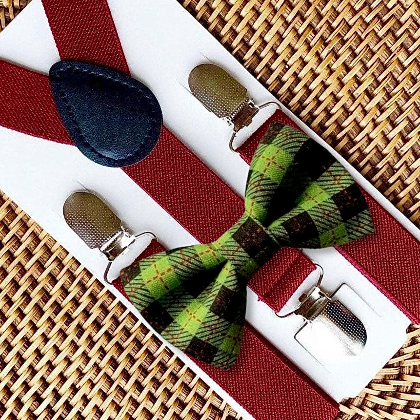 Green Plaid Bow Tie & Burgundy Suspenders Set