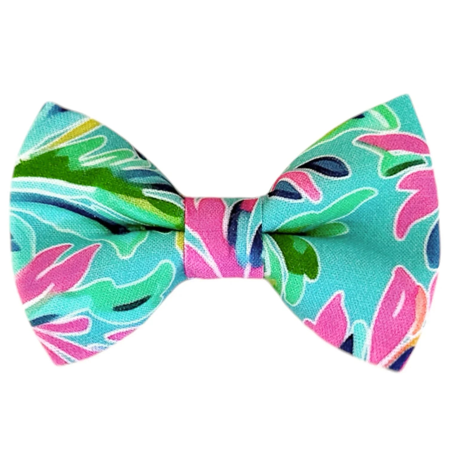 Preppy bow tie with a tropical leaf pattern on a white background