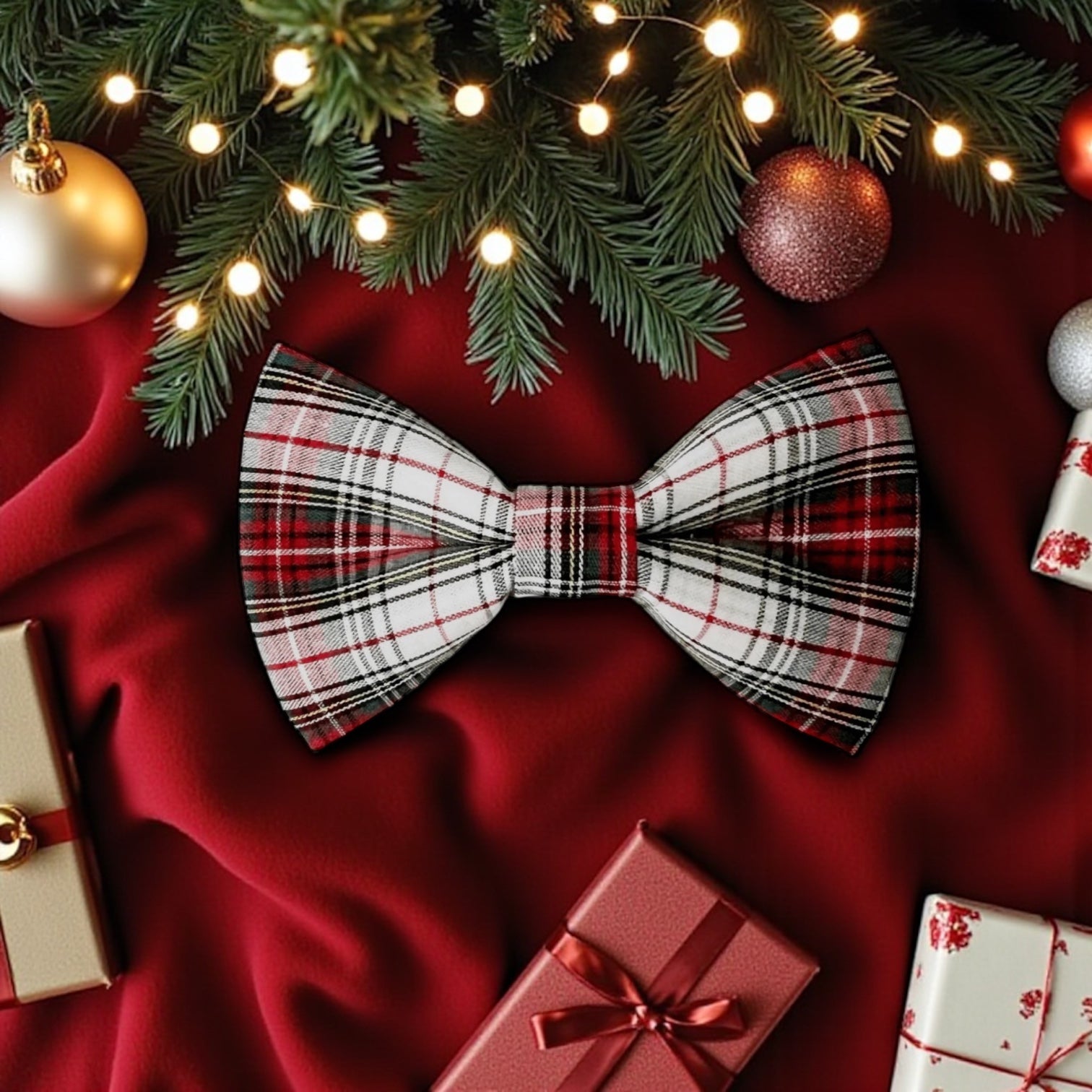 Plaid bow tie on a red fabric background with Christmas decorations