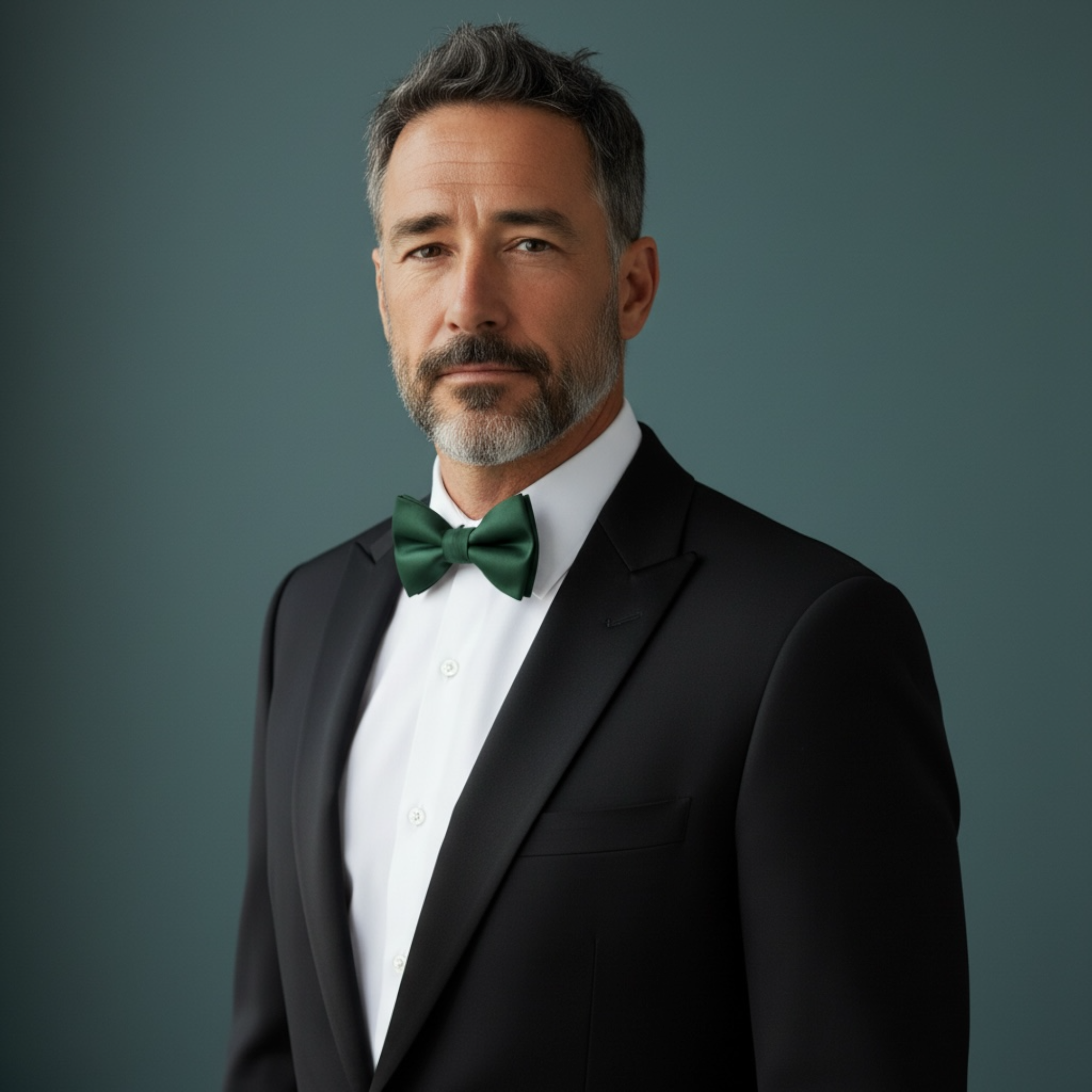 Man wearing a black suit with a dark green bow tie at a wedding.