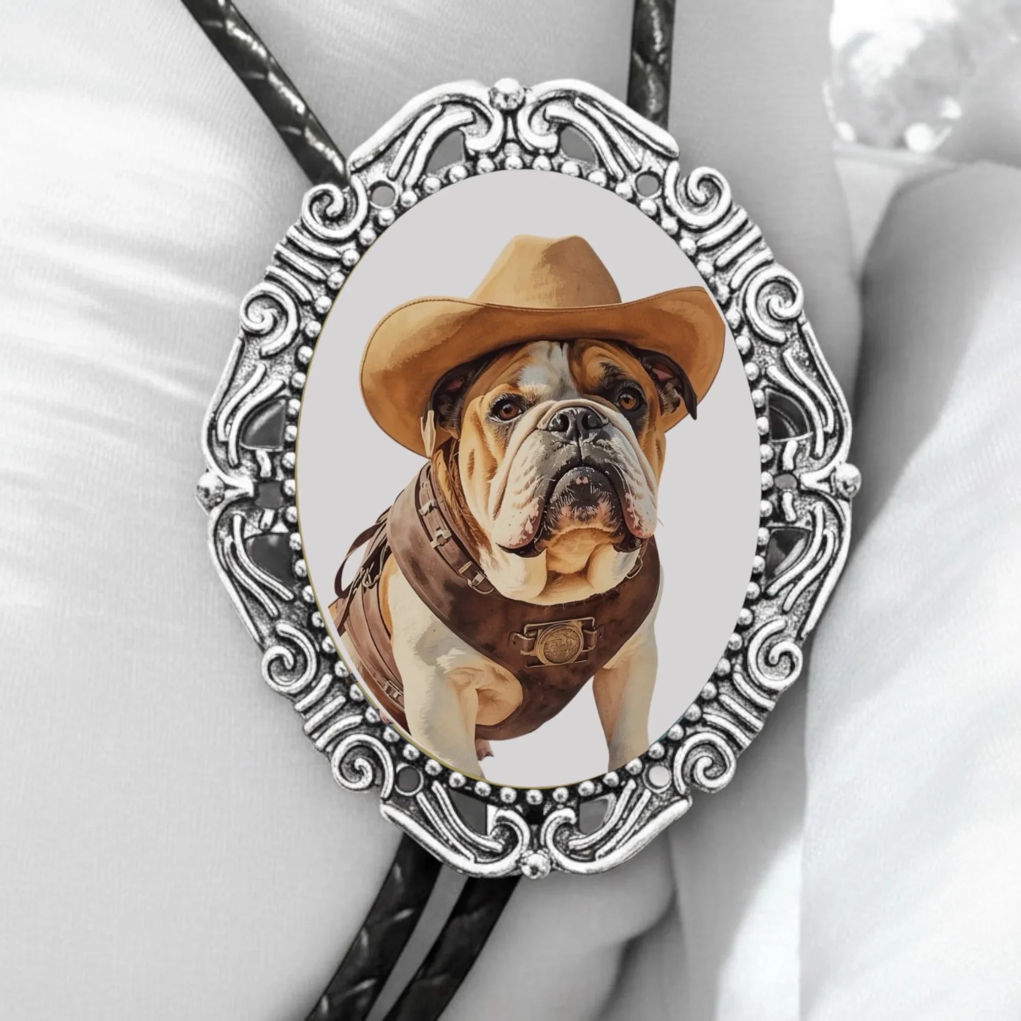 Pendant with a bulldog wearing a cowboy hat and vest in an ornate silver frame.