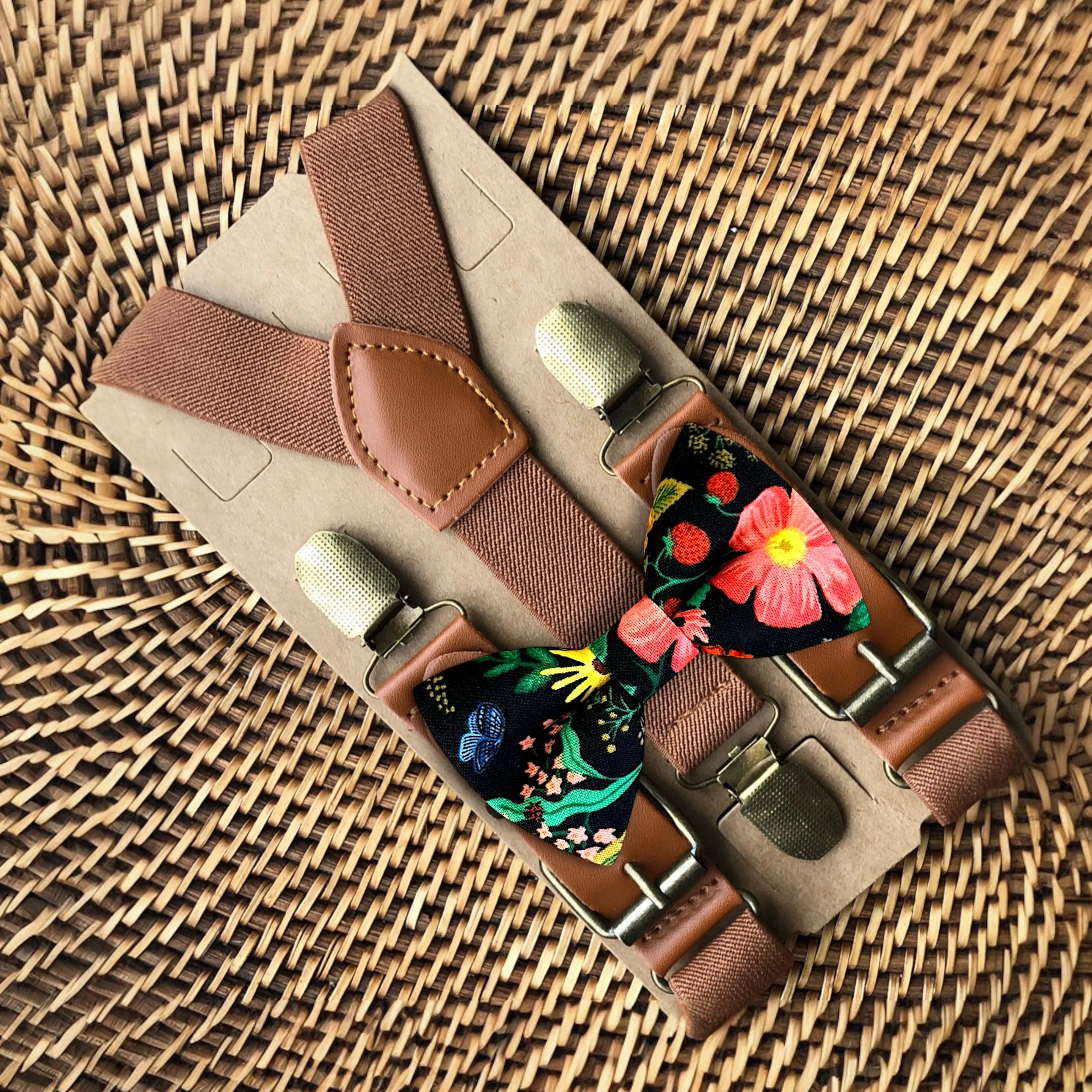 Black floral bow tie and suspenders