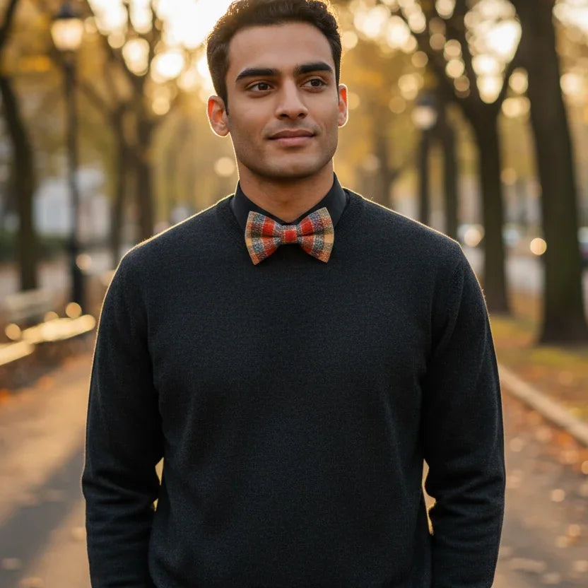 Orange plaid bow tie worn by a man in autumn for Thanksgiving.