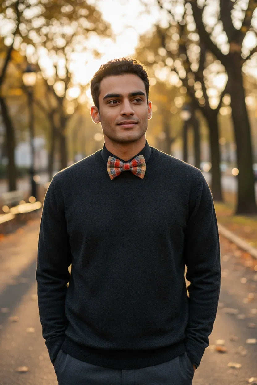 Orange plaid bow tie worn by a man in autumn for Thanksgiving.
