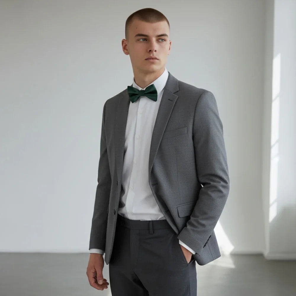 Emerald green bow tie worn by a man in a suit at a wedding ceremony.